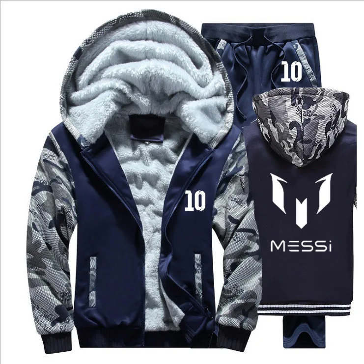 Winter Hoodies Men Messi 10 Print Mens Hoodies Suit Thicken Warm Fleece cotton Zipper Tracksuit Mens Jacket+Pants 2Pcs Sets - Цвет: 827