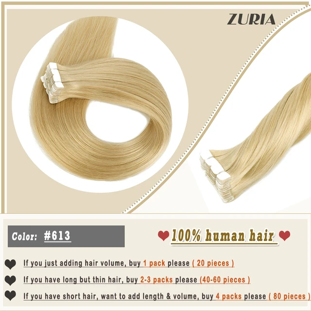 ZURIA Mini Tape In Hair Extensions Machine Remy Natural Hair Extensions Human Hair Straight 20 Inchs Seamless Adhesive Skin Weft #613
