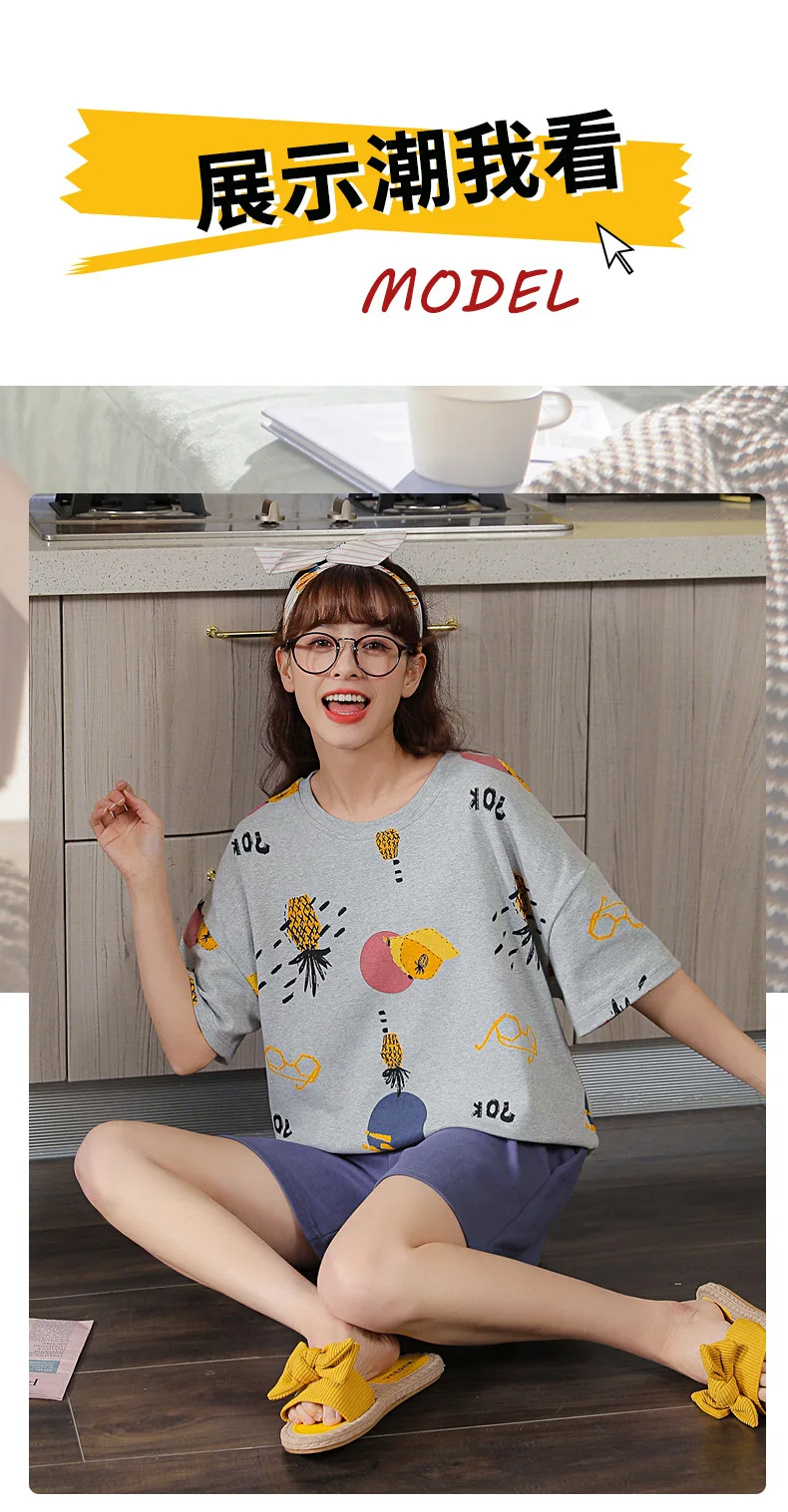 Summer Fashion Green Cotton Pajamas Set For Women Funny Cartoon Print Cute Women Sleepwear Casual Comfort Short Sleeve Homewear pj sets