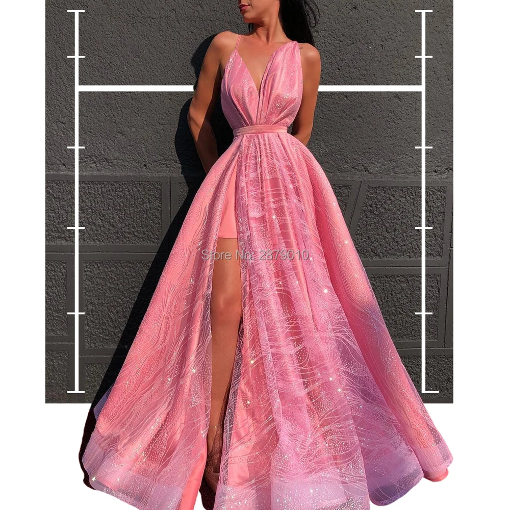 Гламурное розовое вечернее платье трапециевидной формы с v-образным вырезом, с разрезом, длиной до пола, без рукавов, из тюля, с