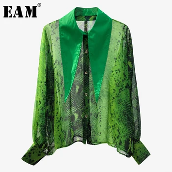 

[EAM] Women Snake Pattern Perspective Blouse New Lapel Long Sleeve Loose Fit Shirt Fashion Tide Spring Autumn 2020 1T319