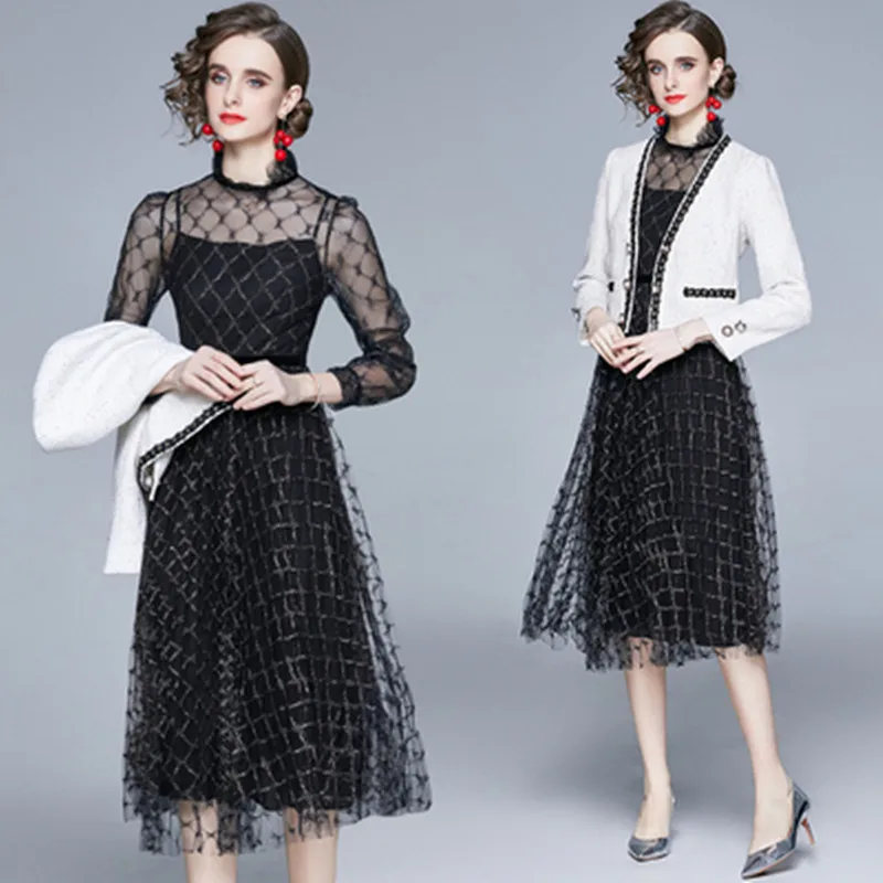 

Spring Elegant Women Suit Temperament V-Collar Splicing Coat + Vintage Designer Lady Long Sleeve Fashion Lattice Mesh Dress