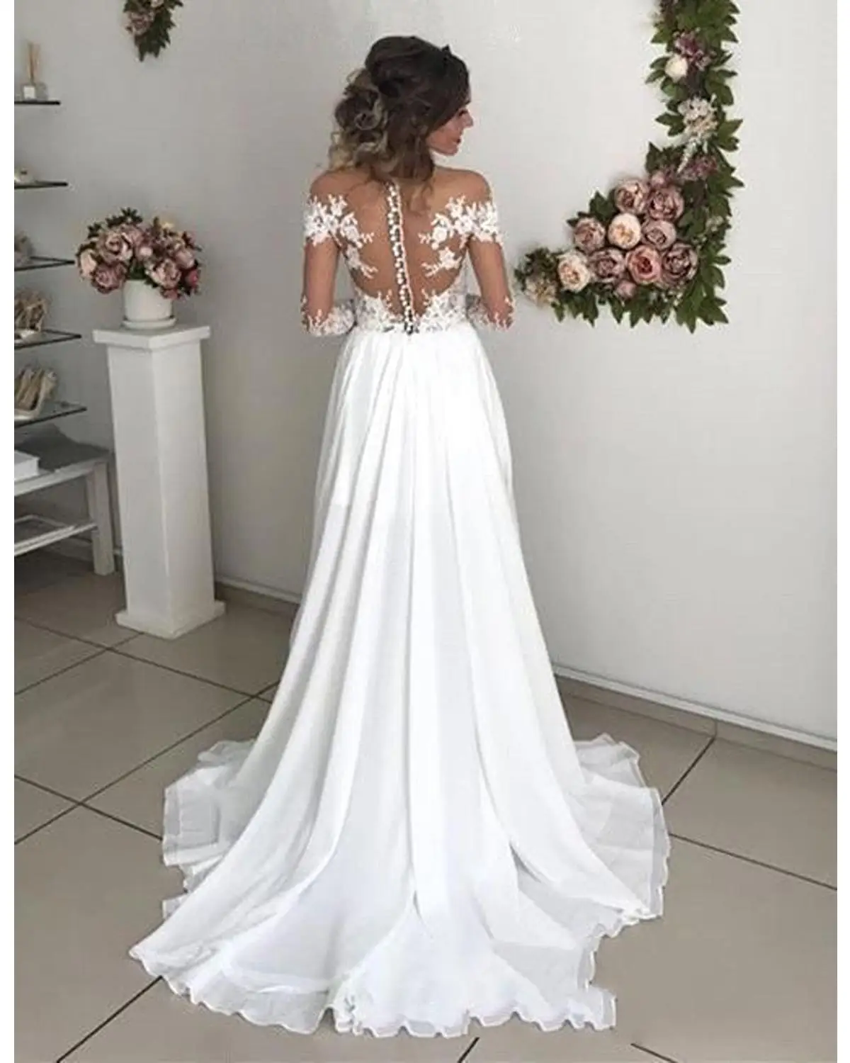 Robe De Mariage, длинные рукава, кружевные свадебные платья, элегантные, круглый вырез, прозрачная спина, Пляжное шифоновое свадебное платье невесты