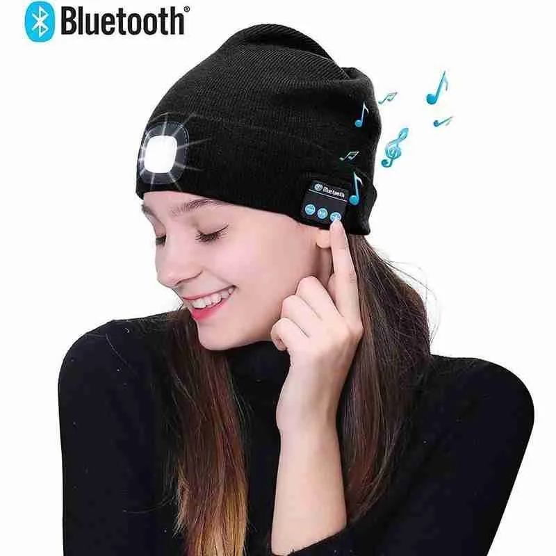 

Winter Knitted Beanie Hat with Light Earphone Bluetooth Luminous Music Mountaineering Handfree Headphone Outdoor Hat 2020 New