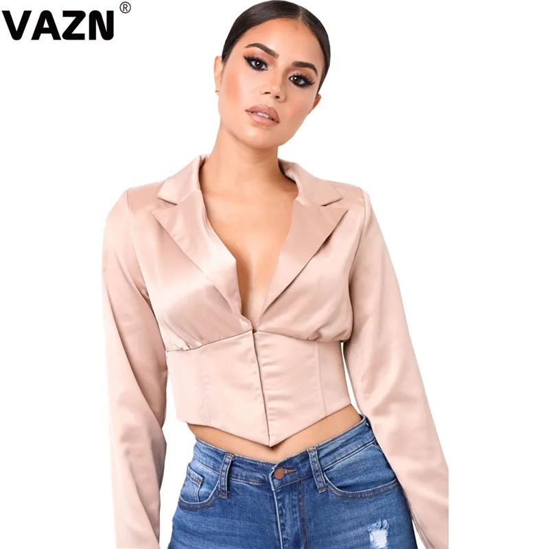 light pink VAZN, новинка, новейший стиль, сексуальный клубный, необычный, новинка, модный, однотонный, глубокий v-образный вырез, длинный рукав, для женщин, дикий Джокер, тонкий короткий Блейзер - Цвет: light pink