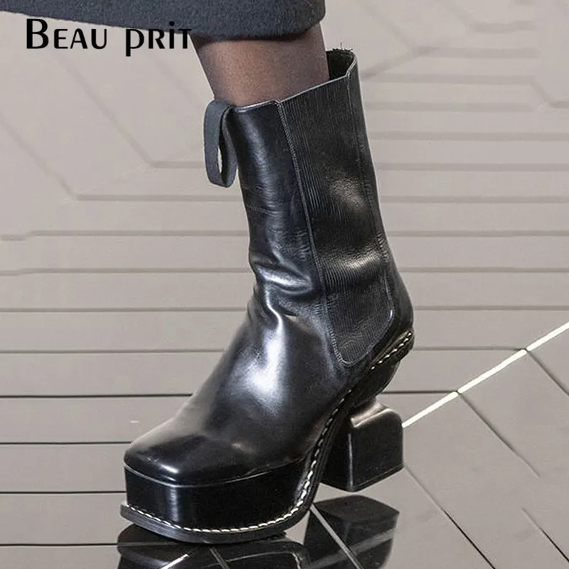Platform Leather Boots Women Strange High Heels Shoes Square Toe Thick Bottom Ankle Boots For Women Short Booties