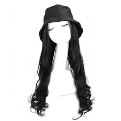 Черные великолепные волосы женские шапки накладные волнистые волосы с черной шляпа парик все-в-одном Женская Бейсболка