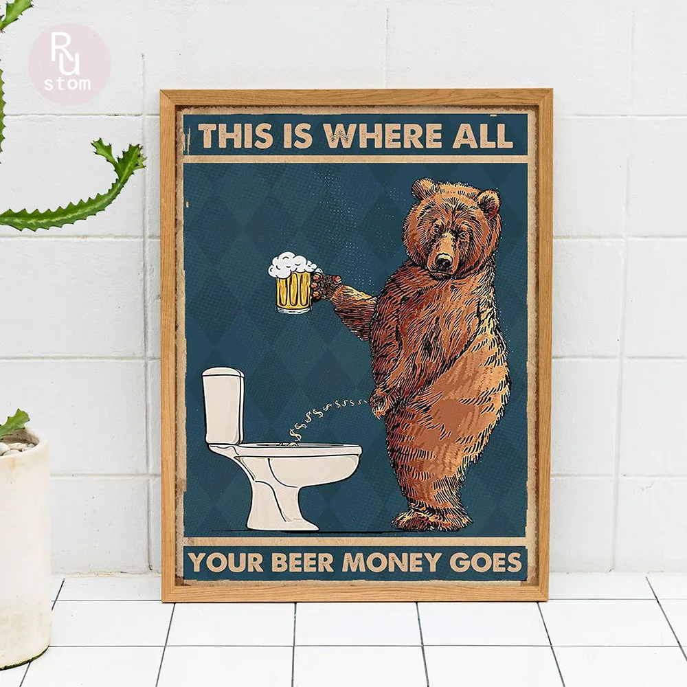 Canvas Painting Grumpy Bear Drinking Beer To The Bathroom Posters Abstract Wall Art Pictures For Bathroom Toilet Home Decoration