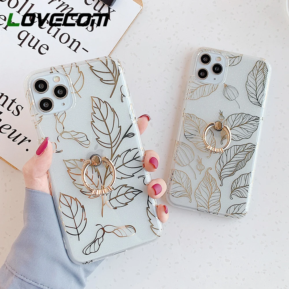 

Gilded Maple Leaf Ring Stand Phone Case For iPhone 11 Pro Max XR XS Max 7 8 Plus Case Soft IMD Fitted Clear Glitter Phone Cover