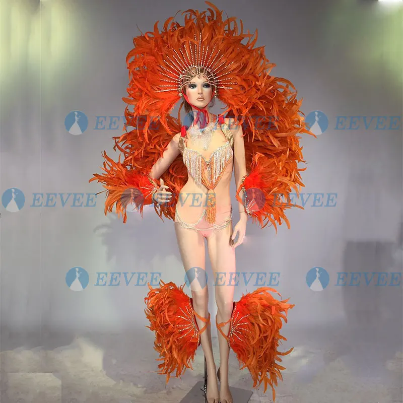 Red Feather Opening Dance Costume Set GOGO Dance outfitTeam Passion Samba Stage Performance Costume