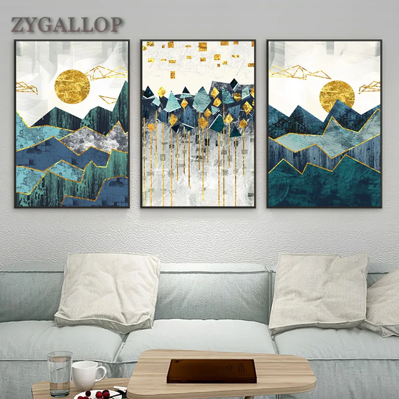 

Nordic Wall Art Poster Abstract Geometric Mountain Print Canvas Painting Golden Sun Modular Pictures for Living Room Wall Decor
