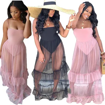 

Bohemian Style Summer Women's Fashion Dresses Beach Sling Elastic Waist Stitching Mesh Ruffled Pink Black Dress Floor Length