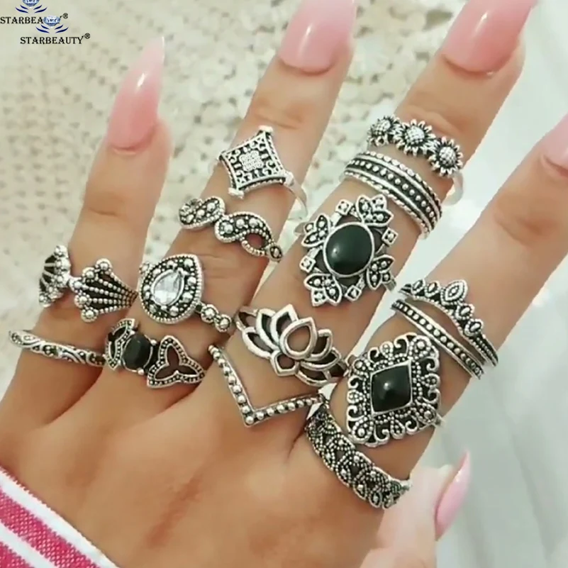

Starose 15 pcs/lot White Black Gem Heart Lotus Finger Rings Thin Joint Ring Toe Ring Set Toe Rings for Women Piercing Jewelry