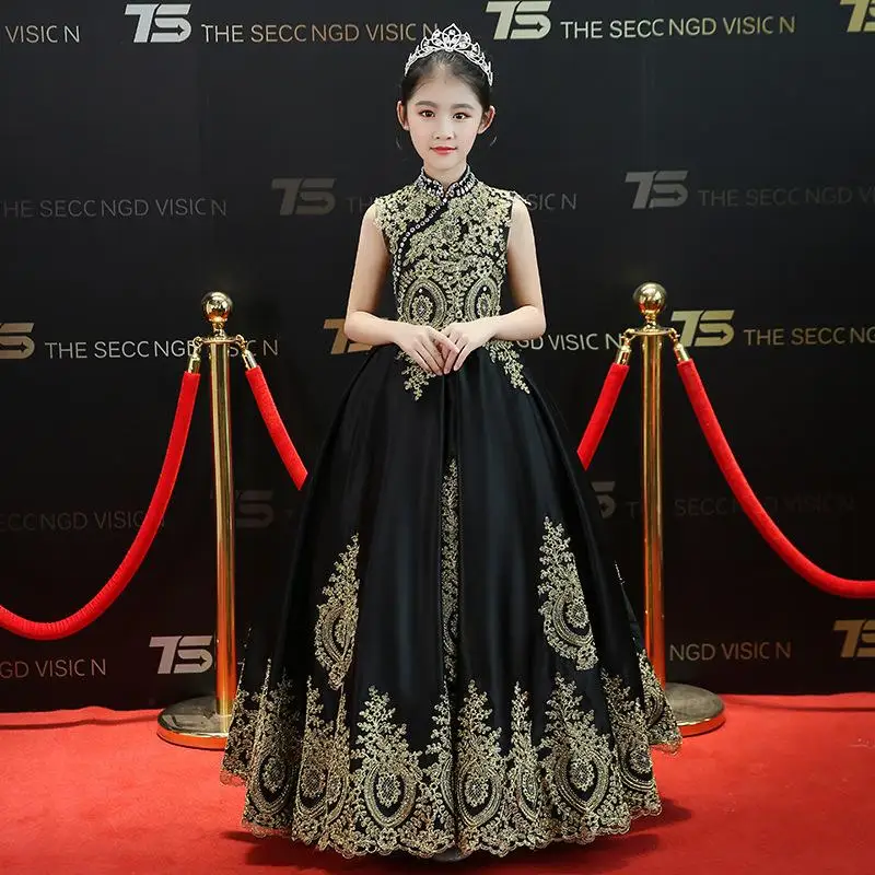 Girls Black Long Dress Kids Girl Floral Embroidery Wedding Party Dresses Princess Lace-up Vestidos Child Clothing Birthday Gift