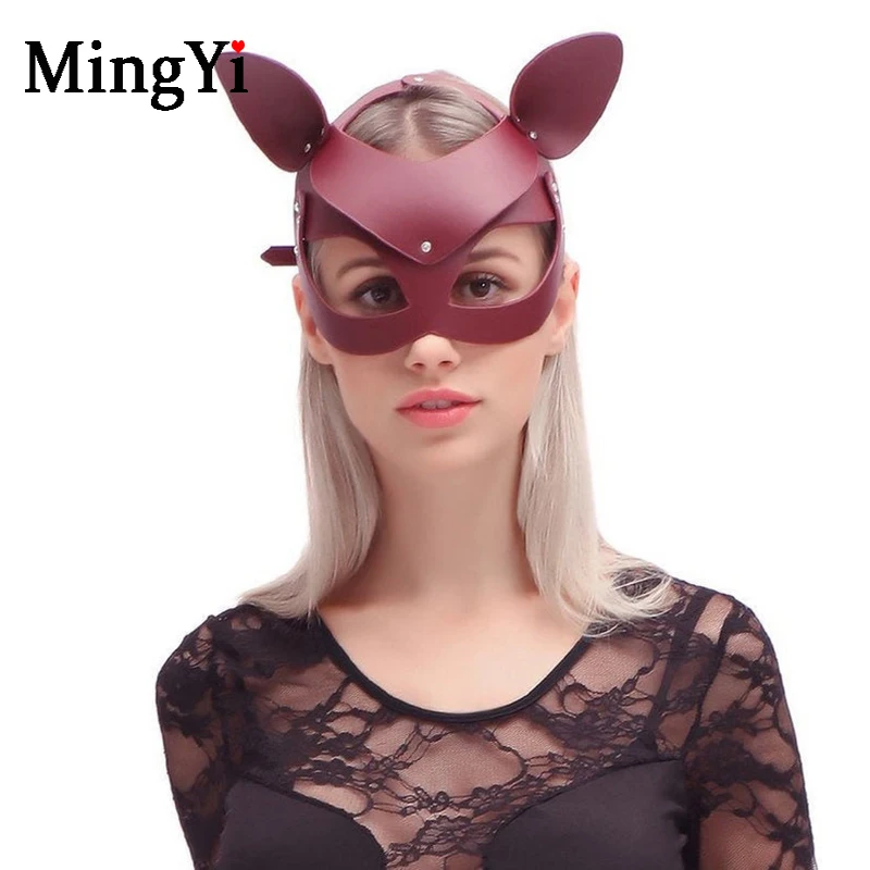 Сексуальная Красная, винная, Воловья кожа, кошачья маска с камнями, бриллиантами, БДСМ, фетиш, женщина-кошка, маска на Хэллоуин, косплей, маски для вечеринки-маскарада