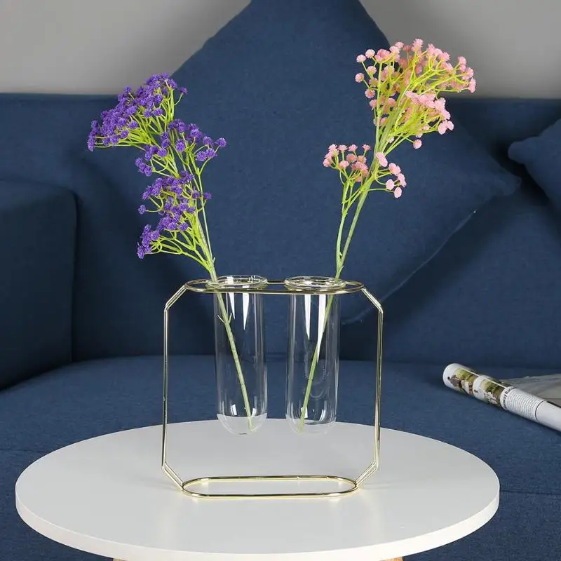 Nordic Vase Rose Gold Style Transparent Tube Glass Iron Art Ceometric Shape Flowerpot Home Wedding Accessories Decor