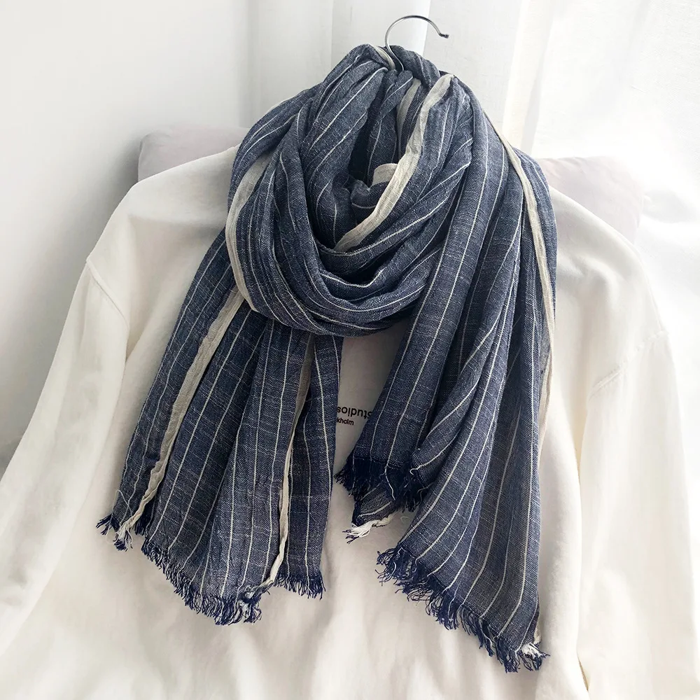 Unisex Japanese Style Scarf Cotton and Linen Striped Women's Long Shawl Crinkle Wraps Bufandas Fashion Men Winter Scarves