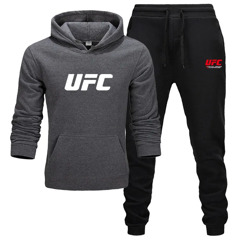 Новинка, UFC, Осень-зима,, мужские комплекты, толстовка+ штаны, два предмета в комплекте, повседневный спортивный костюм, мужская спортивная одежда - Цвет: Dark grey-B black-R