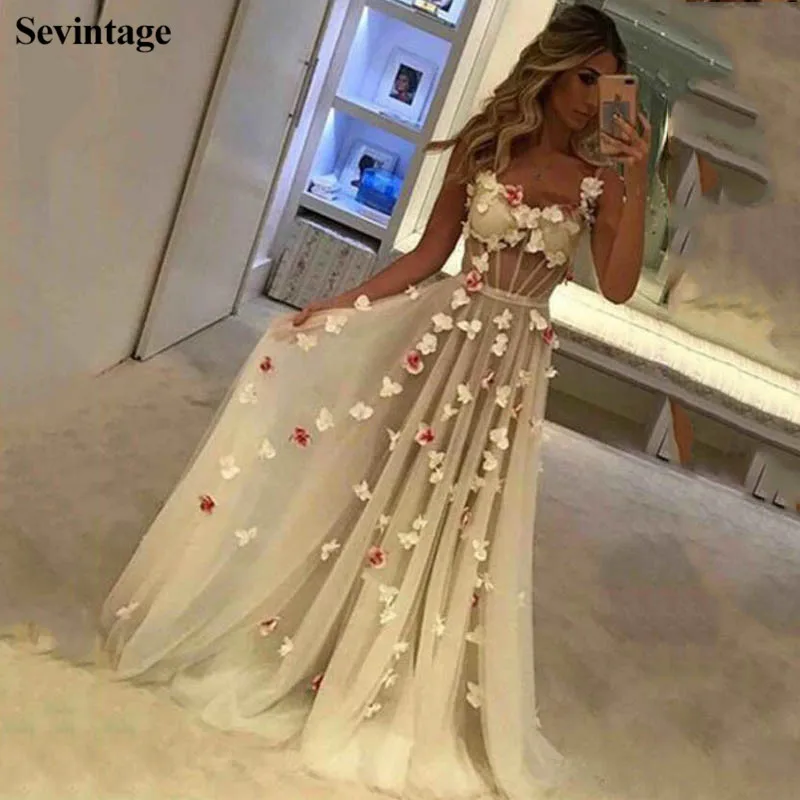 Sevintage Chic 3D Flowers Long Prom Dresses Spaghetti Strap Tulle Women Evening Gowns Open Back Princess Formal Dress 2021 | Свадьбы и