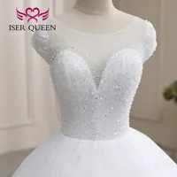Short Sleeves Sheer Neck Wedding Gowns Women Heavy Crystal Beading See Through Back Embroider Appliques Wedding Dress WX0181 5
