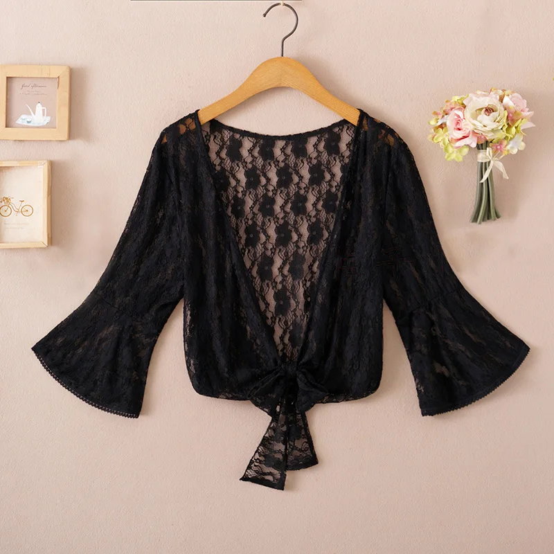 Summer Blouses For Women 2020 Woman V Neck Tie Waist Blouse Shirt Chiffon Black Ruffle Sleeve Top Lace Beach Blouse Cover Up 6