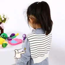 Детский вязаный свитер-обманка в морском стиле с воротником-шалью в черно-белую полоску с рукавами