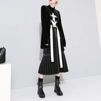 

XUXI Woman Tide Fashion Coat 2019 Metal Ring Crossing Bandage Small Stand Lead Type Sexy Black Long Sleeve Sweatshirt FZ0002