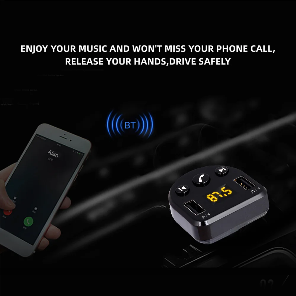 Car Charger Dual USB with FM Transmitter Bluetooth Hands-free FM Modulator Car Phone Charger