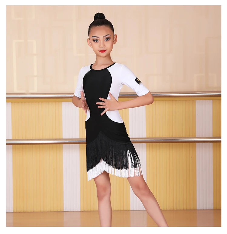 Новые Детские платья для девочек, платье для латинских танцев, черное/белое платье с бахромой для танцев, платье для латиноамериканских танцев для девочек, платье для латиноамериканских танцев, BL2528