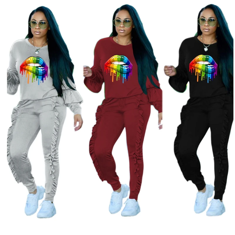 

2019 Autumn Winter Colorful Lips Printed Two Piece Set Activewear Loose Plus Size Clothing Sweat Suit Ruffles Pullover Pants