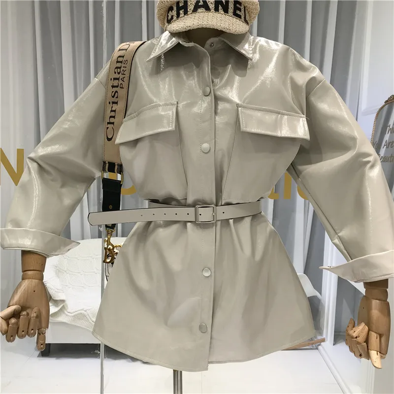 ALPHALMODA осень дизайнерский привлекательный пояс-завязывается яркая одежда из искусственной кожи средней длины пальто Женская мода PU куртка