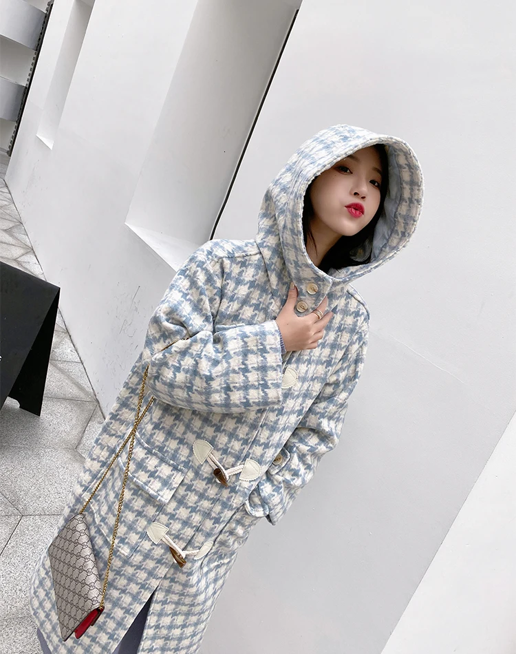 Abrigos Mujer Invierno корейское стильное шикарное повседневное клетчатое зимнее шерстяное пальто с капюшоном женское модное длинное пальто