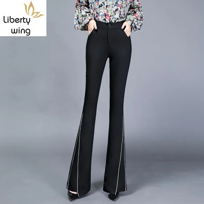 

Office Lady Flare Women Spring High Waist Slim Fit Black Bell-Bottomed Pants Streetwear Casual Loose Elastic Trousers