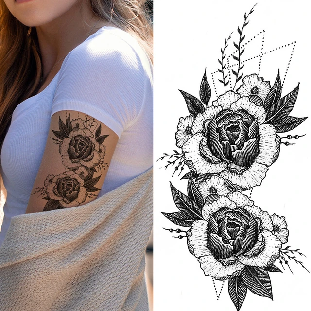 Waterproof Temporary Tattoo Sticker Sketch Flowers Roses Fake Tatoo Breast  Chest Back Belly Flash Tatto For Women Men  Temporary Tattoos  AliExpress