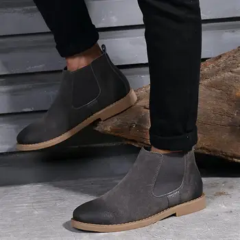 

2019 Vintage Chelsea Boots Cow Suede Leather Men's Street Winter Shoes Plush Velvet Luxury Brand men Fashion Slip On Ankle Bo666