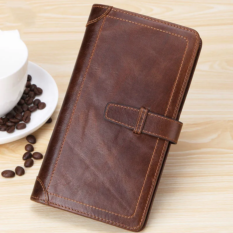 

New waxed passport check 8 card men's hand bag solid color with multifunctional leather wallet