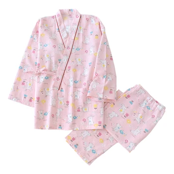 

New Spring rabbit kimono robe women pyjamas Japanese Sweet 100% gauze cotton kimono pajamas sets women sleepwear bathrobes