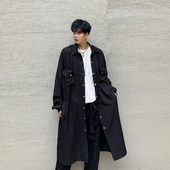 

Men Tie Bow Collar Back Hole Loose Casual Long Shirt Style Coat Male Streetwear Hip Hop Windbreaker Dress Shirt Jacket Outerwear