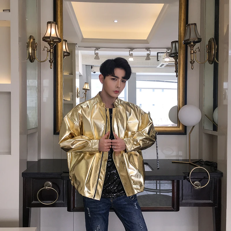 

Autumn Bright Leather Jacket Men's Fashion Casual Performance Stand Collar Jacket Man Streetwear Loose Hip Hop Bomber Jacket