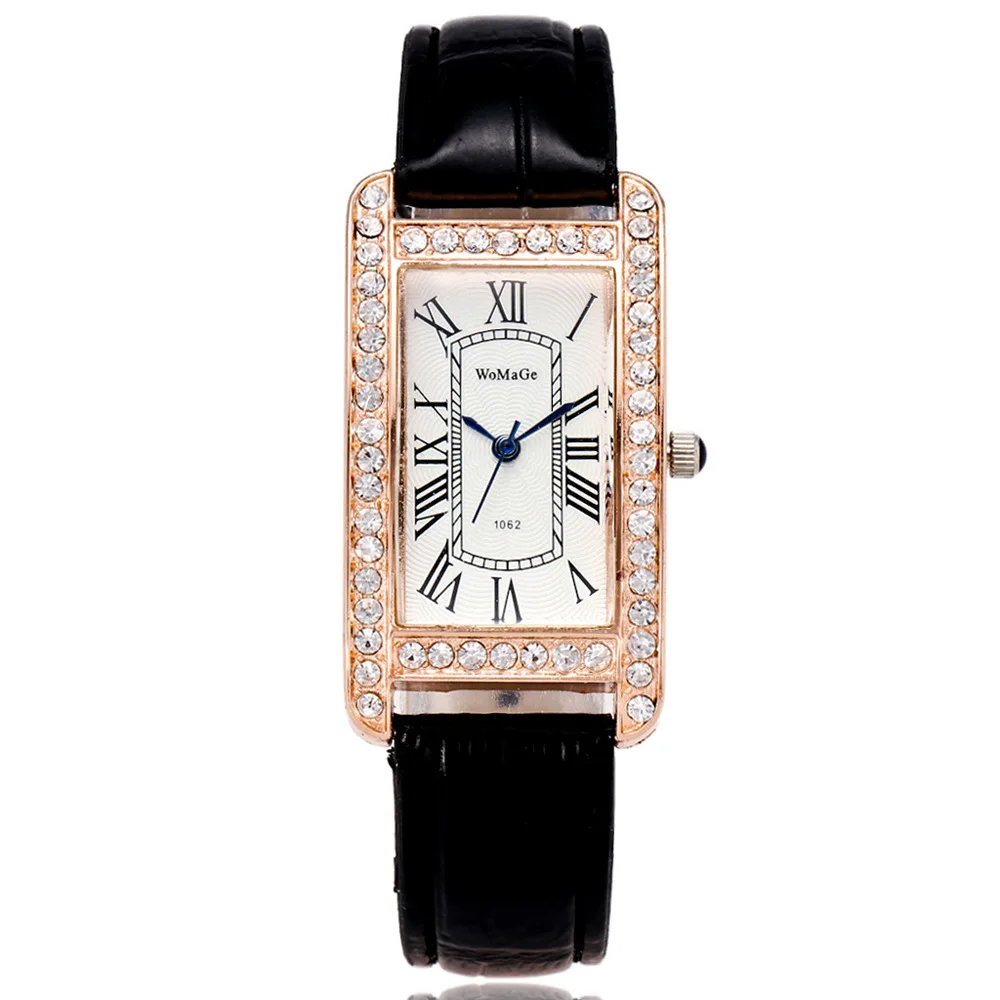 

Womage Fashion Leather Belt Quartz Watch Casual Diamond Set Rectangular Dial WOMEN'S Wristwatch Gift Watch Wholesale