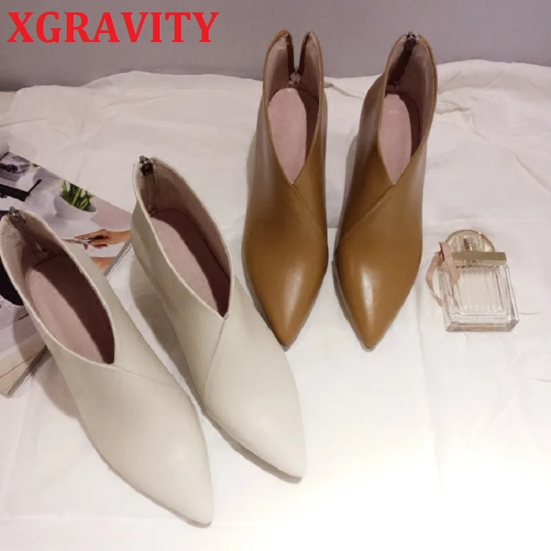 

XGRAVITY V Design Pointed Toe Boots Elegant Woman Genuine Leather Heel Shoes Fashion Ladies Boots Short Boots Ankle Boots S033