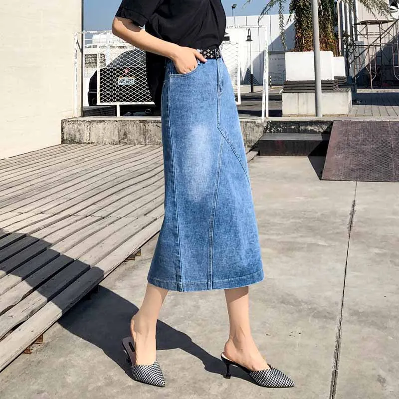 

High-waisted Large Size Korean-style Denim Skirt Women's Half-length Mid-length Versatile Casual Slimming A- line Skirt New Styl