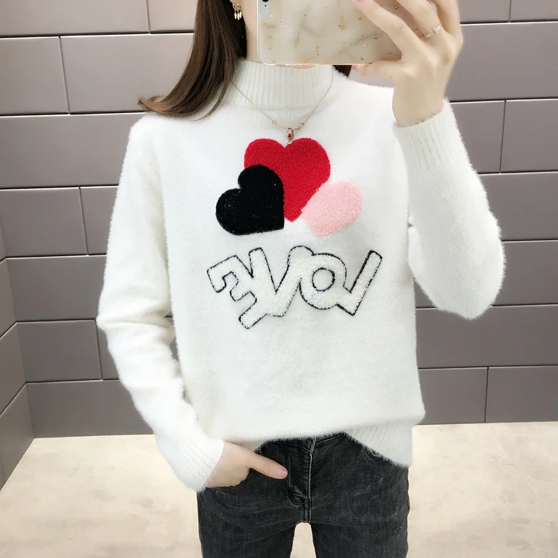 

2019 Autumn Winter Korean Women's Cashmere Half-high Collar Sweater Romantic Hearts Embroidered Pullover Jacquard Slim Sweater