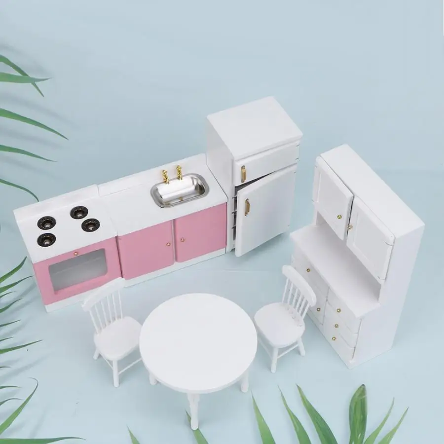 

Hot 7Pcs 1/12 Dollhouse Miniature Dining Room Set Dining Table Chair Wooden Furniture Set with Refrigerator Foldable Toy