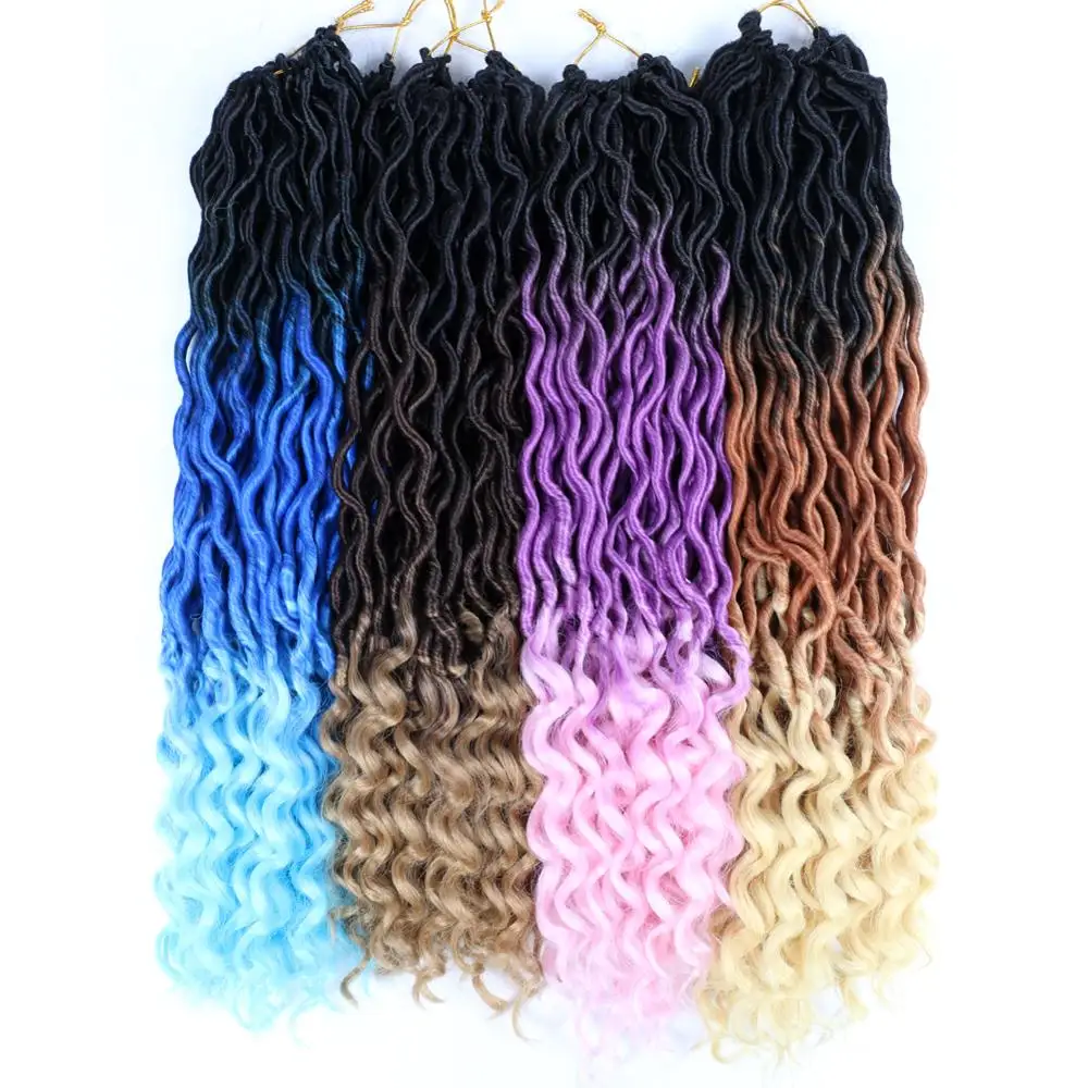 Pervado Hair Soft Faux Locs Curly Crochet Braids Synthetic Hair Extensions 18" 24strands/pack Pink Blue Ombre Goddess Hairstyle