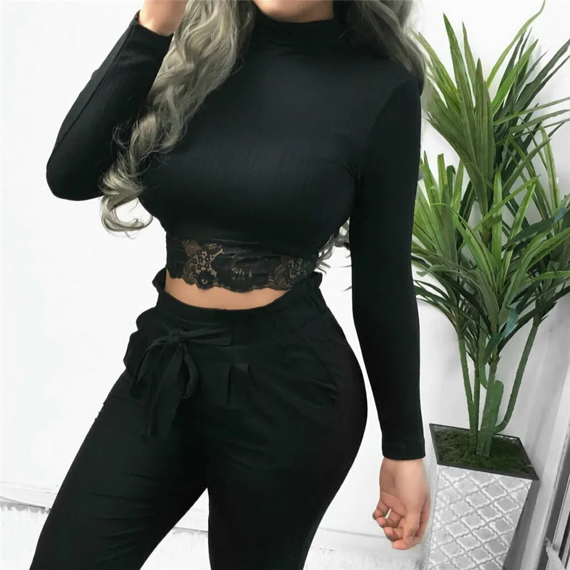 

New Fashion Autumn T-Shirt Womens Ladies High Collar Lace Crop Tops Skinny T-Shirt Long Sleeve Slim Tees Solid 3 Colors Hot