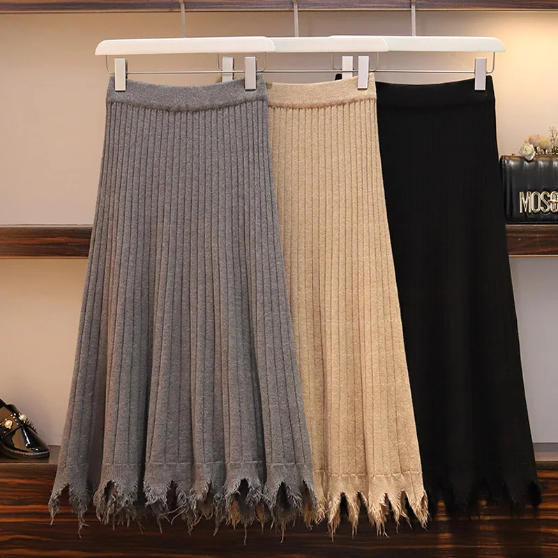 

Autumn Winter Women Elegant Knitted Skirt Office Ladies Hight Waist Solid Color A Line Pleated Irreglar Hem Tassel Midi Skirts