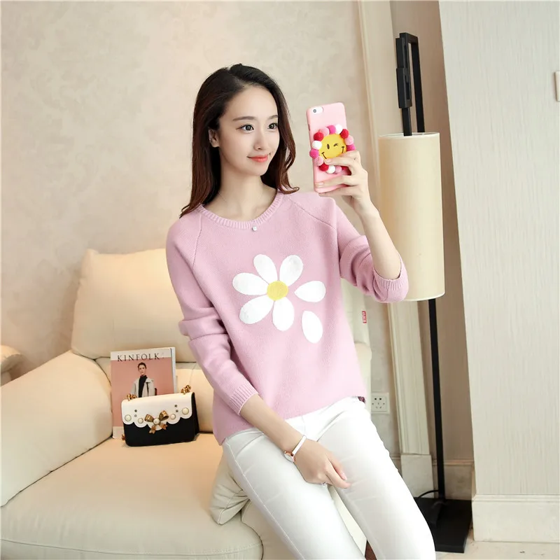 

Autumn and Winter Female Pullovers, Embroidered Knitted Sweaters, Loose Round Neck Flower Pullovers women sweater