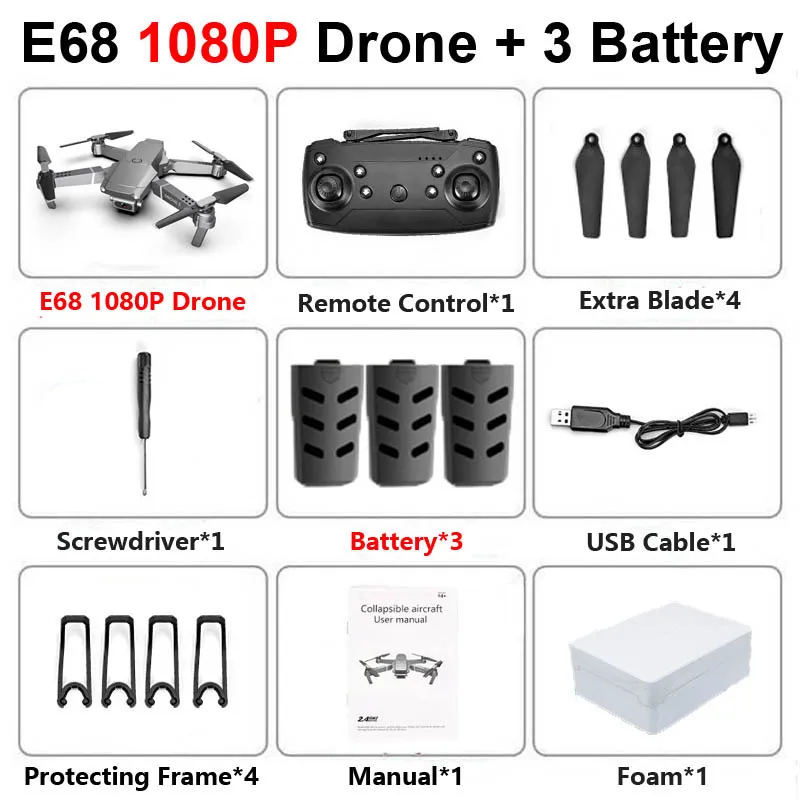 E68 1080P 3b Foam E68 складной Профессиональный Дрон с камерой 4K HD селфи WiFi FPV широкоугольный оптический поток RC Квадрокоптер вертолет детская игрушка E520S - Цвет: E68 1080P 3b Foam