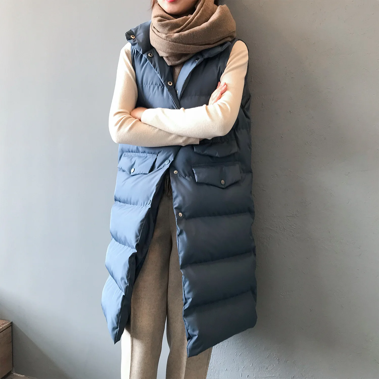 

2019 Autumn And Winter Long Cotton Vest Woman Warm Waistcoat Sleeveless Thick Outwear Cotton-padded Vest